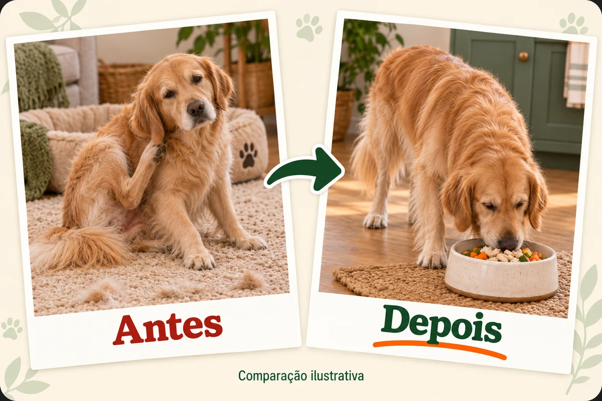 Comparação ilustrativa de cuidados com Golden Retriever